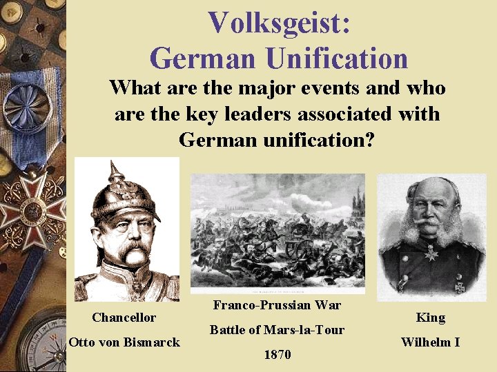 Volksgeist: German Unification What are the major events and who are the key leaders Volksgeist: German Unification What are the major events and who are the key leaders