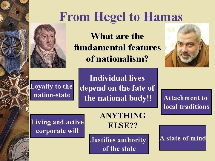 From Hegel to Hamas What are the fundamental features of nationalism? Individual lives Loyalty From Hegel to Hamas What are the fundamental features of nationalism? Individual lives Loyalty
