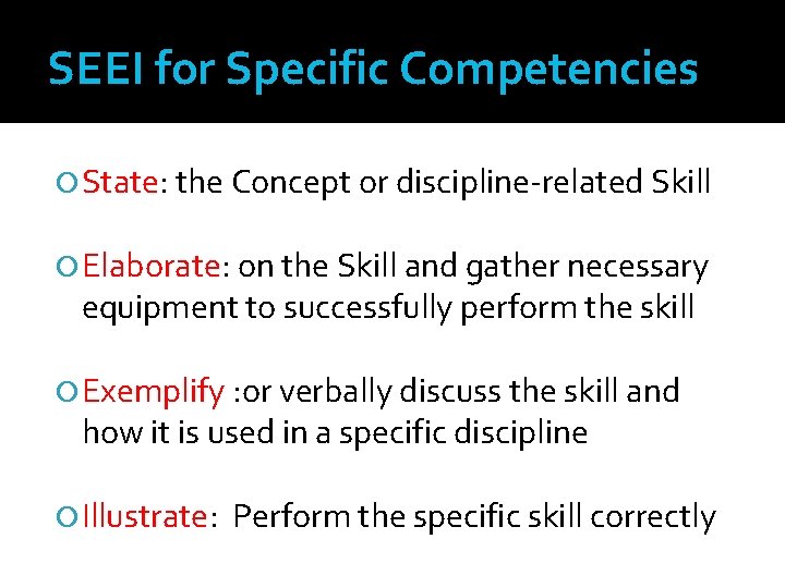 SEEI for Specific Competencies State: the Concept or discipline-related Skill Elaborate: on the Skill