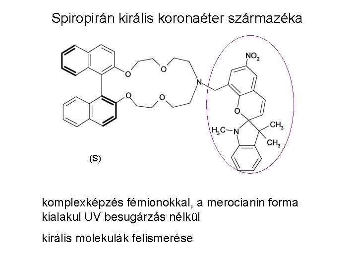 Spiropirán királis koronaéter származéka (S) komplexképzés fémionokkal, a merocianin forma kialakul UV besugárzás nélkül Spiropirán királis koronaéter származéka (S) komplexképzés fémionokkal, a merocianin forma kialakul UV besugárzás nélkül