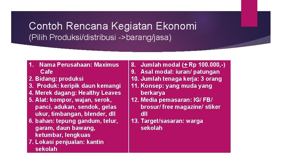 Contoh Rencana Kegiatan Ekonomi (Pilih Produksi/distribusi ->barang/jasa) 1. Nama Perusahaan: Maximus Cafe 2. Bidang: