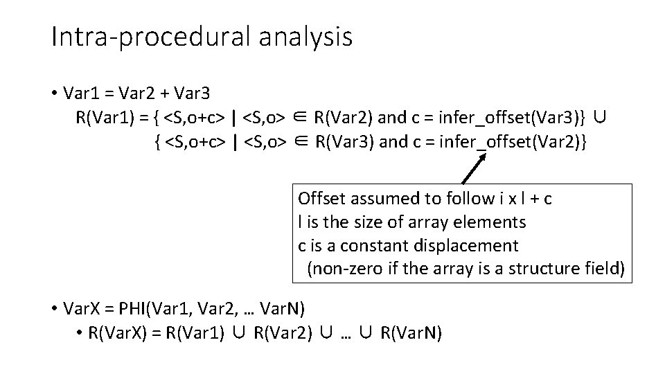 Intra-procedural analysis • Var 1 = Var 2 + Var 3 R(Var 1) =