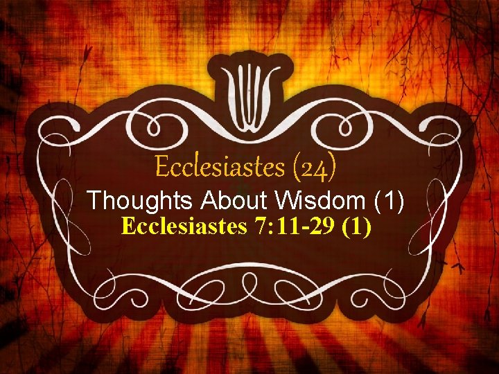 Ecclesiastes (24) Thoughts About Wisdom (1) Ecclesiastes 7: 11 -29 (1) 