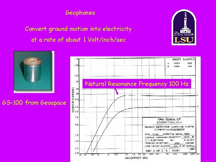 Geophones Convert ground motion into electricity at a rate of about 1 Volt/inch/sec Natural