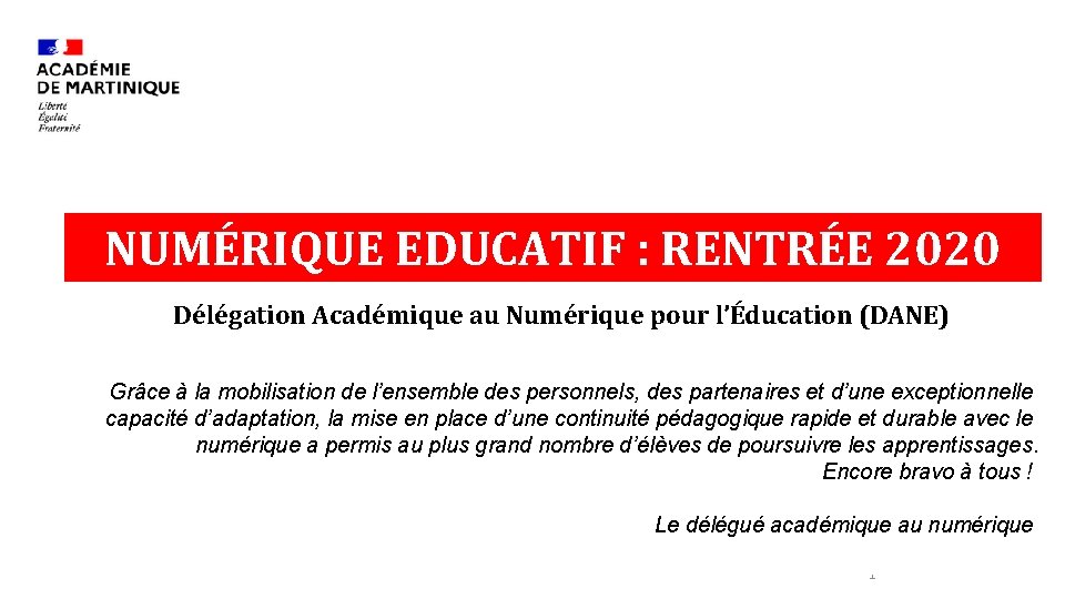 NUMÉRIQUE EDUCATIF : RENTRÉE 2020 Délégation Académique au Numérique pour l’Éducation (DANE) Grâce à