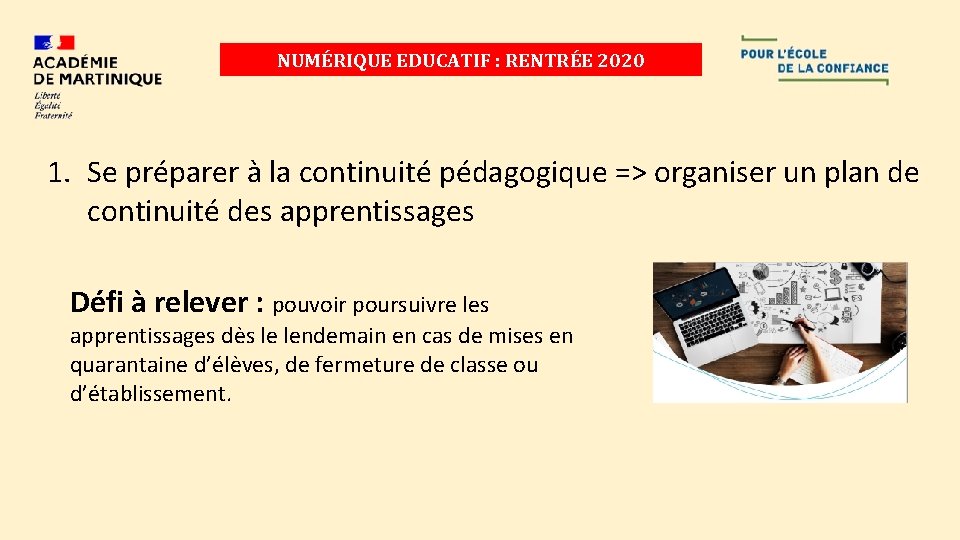 NUMÉRIQUE EDUCATIF : RENTRÉE 2020 1. Se préparer à la continuité pédagogique => organiser