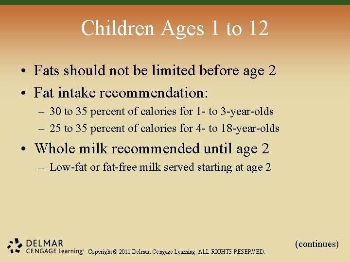 Children Ages 1 to 12 • Fats should not be limited before age 2