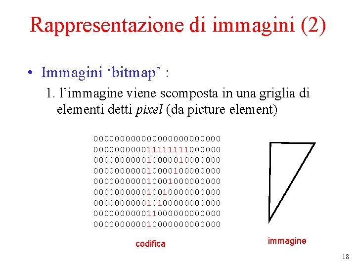 Rappresentazione di immagini (2) • Immagini ‘bitmap’ : 1. l’immagine viene scomposta in una