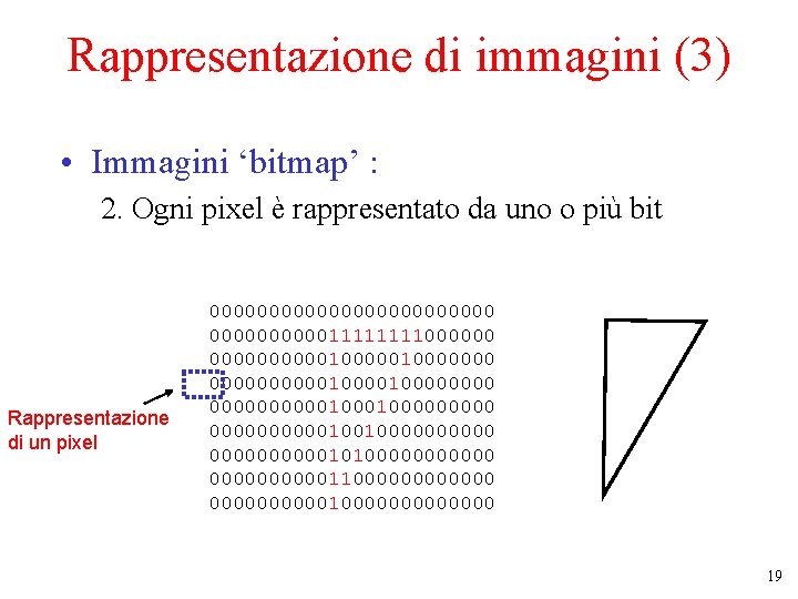 Rappresentazione di immagini (3) • Immagini ‘bitmap’ : 2. Ogni pixel è rappresentato da