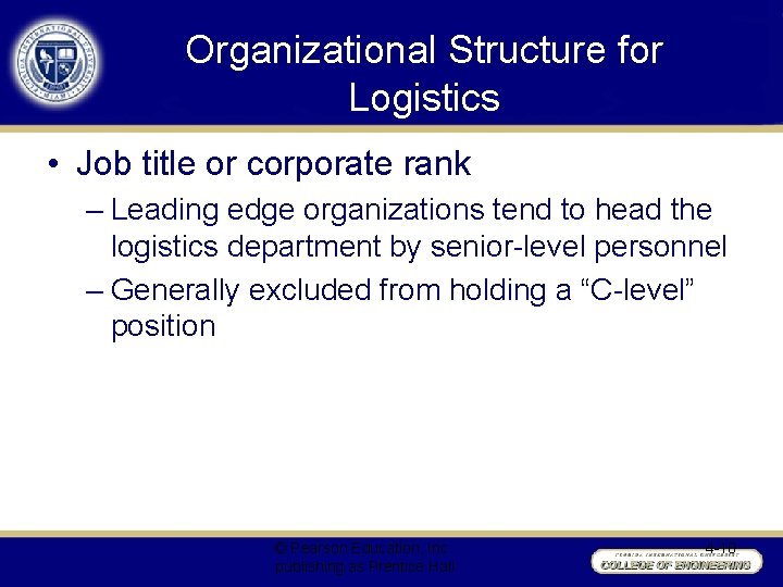 Organizational Structure for Logistics • Job title or corporate rank – Leading edge organizations