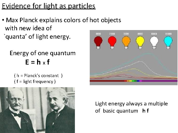 Evidence for light as particles • Max Planck explains colors of hot objects with