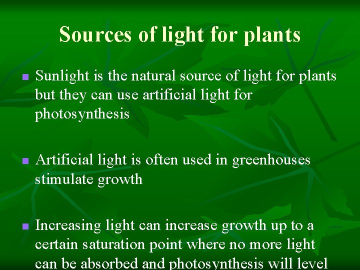 Sources of light for plants n n n Sunlight is the natural source of