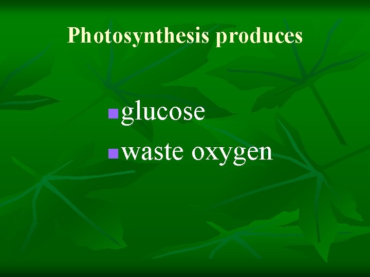 Photosynthesis produces glucose n waste oxygen n 
