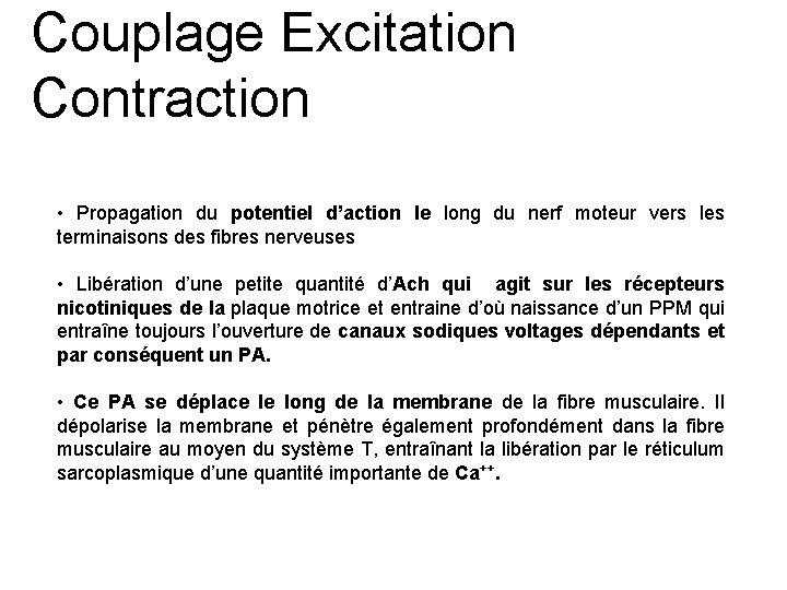 Couplage Excitation Contraction • Propagation du potentiel d’action le long du nerf moteur vers
