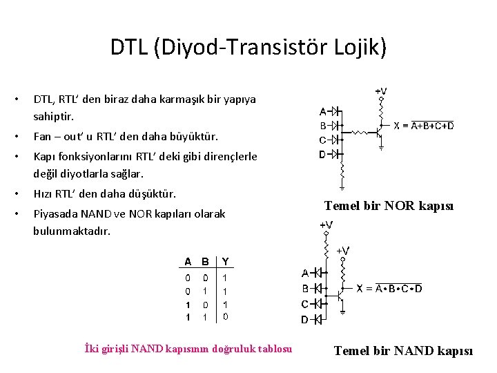 DTL (Diyod-Transistör Lojik) • DTL, RTL’ den biraz daha karmaşık bir yapıya sahiptir. •