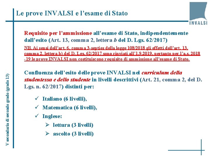 Le prove INVALSI e l’esame di Stato Requisito per l’ammissione all’esame di Stato, indipendentemente