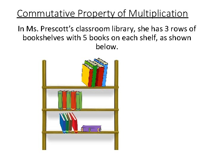 Commutative Property of Multiplication In Ms. Prescott’s classroom library, she has 3 rows of