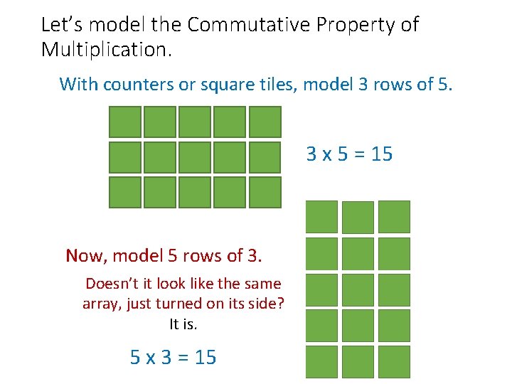 Let’s model the Commutative Property of Multiplication. With counters or square tiles, model 3