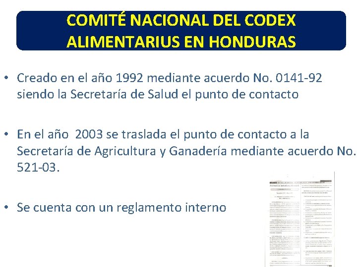 COMITÉ NACIONAL DEL CODEX ALIMENTARIUS EN HONDURAS • Creado en el año 1992 mediante