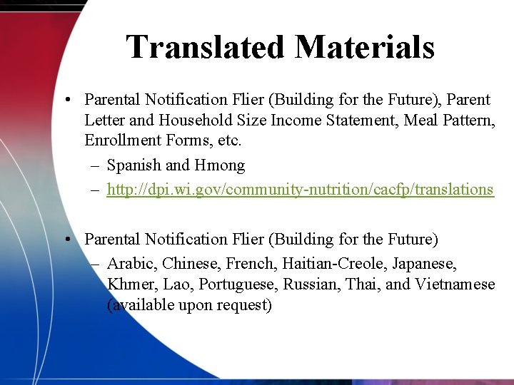 Translated Materials • Parental Notification Flier (Building for the Future), Parent Letter and Household