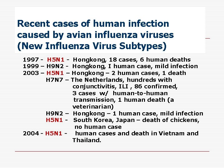 Recent cases of human infection caused by avian influenza viruses (New Influenza Virus Subtypes)