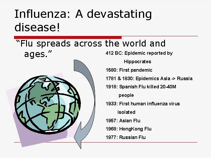 Influenza: A devastating disease! “Flu spreads across the world and 412 BC: Epidemic reported