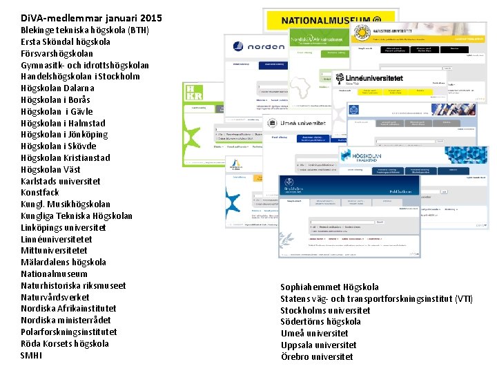 Di. VA-medlemmar januari 2015 Blekinge tekniska högskola (BTH) Ersta Sköndal högskola Försvarshögskolan Gymnasitk- och