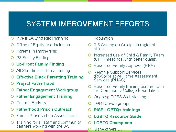 SYSTEM IMPROVEMENT EFFORTS Invest LA Strategic Planning Office of Equity and Inclusion Parents in