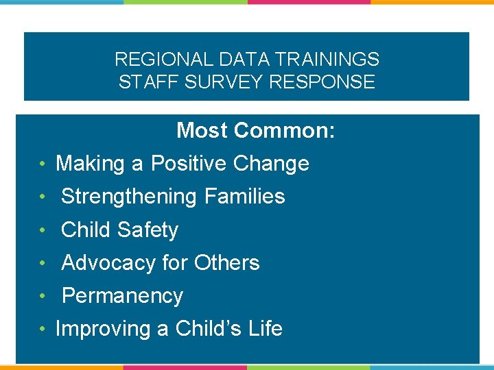 REGIONAL DATA TRAININGS STAFF SURVEY RESPONSE Most Common: • Making a Positive Change •