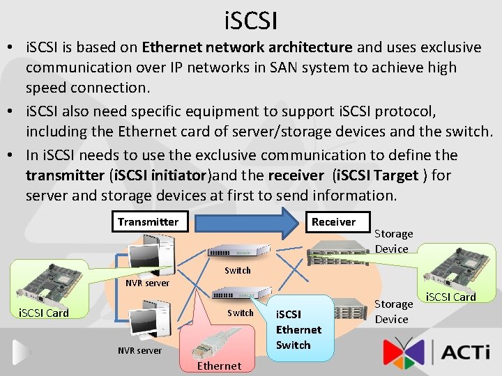 i. SCSI • i. SCSI is based on Ethernet network architecture and uses exclusive