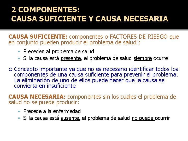 2 COMPONENTES: CAUSA SUFICIENTE Y CAUSA NECESARIA CAUSA SUFICIENTE: componentes o FACTORES DE RIESGO 2 COMPONENTES: CAUSA SUFICIENTE Y CAUSA NECESARIA CAUSA SUFICIENTE: componentes o FACTORES DE RIESGO