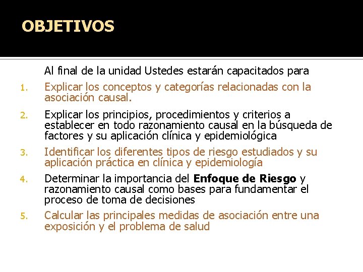 OBJETIVOS 1. 2. 3. 4. 5. Al final de la unidad Ustedes estarán capacitados OBJETIVOS 1. 2. 3. 4. 5. Al final de la unidad Ustedes estarán capacitados