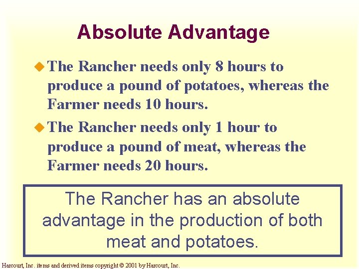 Absolute Advantage u The Rancher needs only 8 hours to produce a pound of