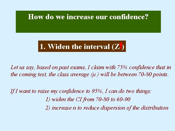 How do we increase our confidence? 1. Widen the interval (Z ) Let us