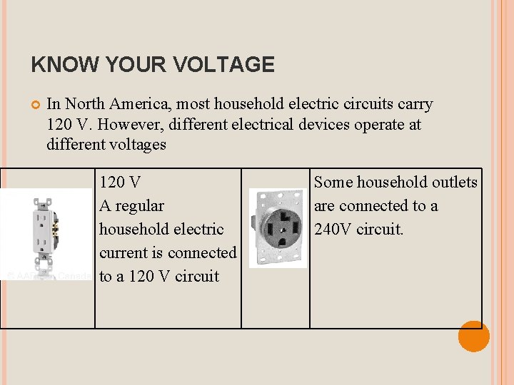 KNOW YOUR VOLTAGE In North America, most household electric circuits carry 120 V. However,