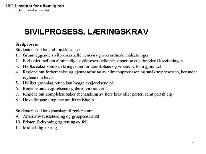 SIVILPROSESS. LÆRINGSKRAV 1 SIVILPROSESS. LÆRINGSKRAV 1