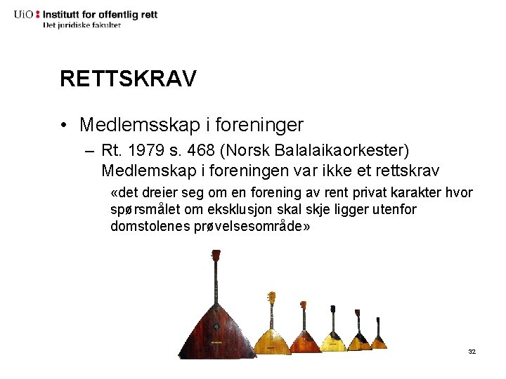 RETTSKRAV • Medlemsskap i foreninger – Rt. 1979 s. 468 (Norsk Balalaikaorkester) Medlemskap i RETTSKRAV • Medlemsskap i foreninger – Rt. 1979 s. 468 (Norsk Balalaikaorkester) Medlemskap i
