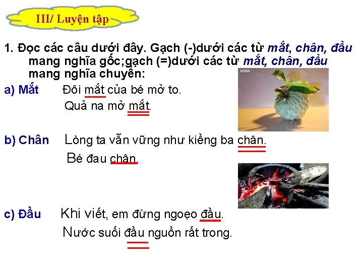 III/ Luyện tập 1. Đọc các câu dưới đây. Gạch (-)dưới các từ mắt, III/ Luyện tập 1. Đọc các câu dưới đây. Gạch (-)dưới các từ mắt,