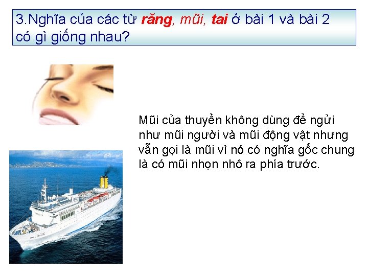 3. Nghĩa của các từ răng, mũi, tai ở bài 1 và bài 2 3. Nghĩa của các từ răng, mũi, tai ở bài 1 và bài 2