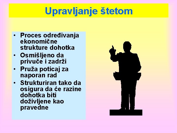 Upravljanje štetom • Proces određivanja ekonomične strukture dohotka • Osmišljeno da privuče i zadrži