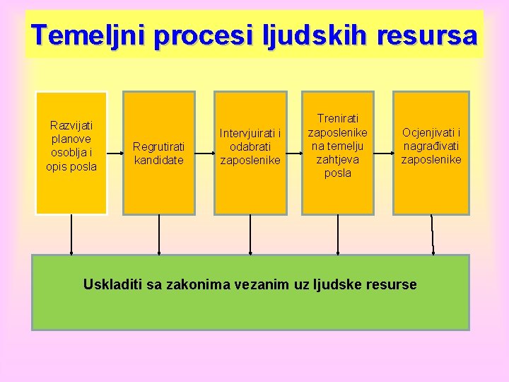 Temeljni procesi ljudskih resursa Razvijati planove osoblja i opis posla Regrutirati kandidate Intervjuirati i