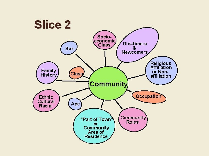 Slice 2 Socioeconomic Class Sex Family History Old–timers & Newcomers Religious Affiliation or Nonaffiliation