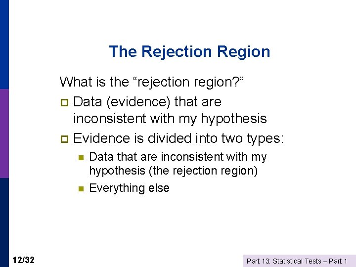 The Rejection Region What is the “rejection region? ” p Data (evidence) that are