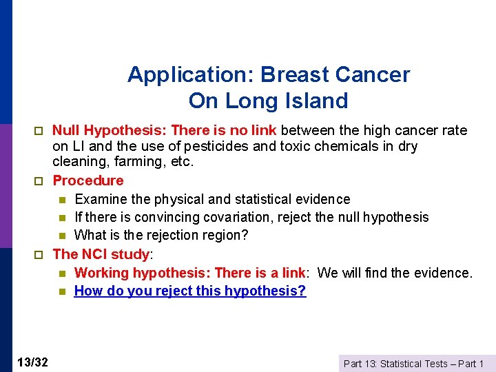 Application: Breast Cancer On Long Island p p p 13/32 Null Hypothesis: There is