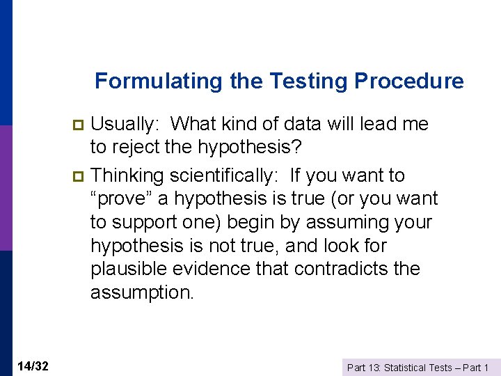 Formulating the Testing Procedure Usually: What kind of data will lead me to reject