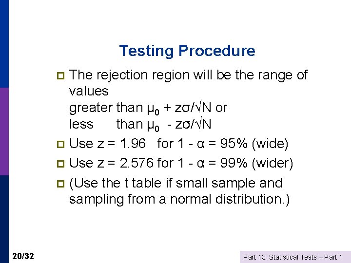 Testing Procedure The rejection region will be the range of values greater than μ