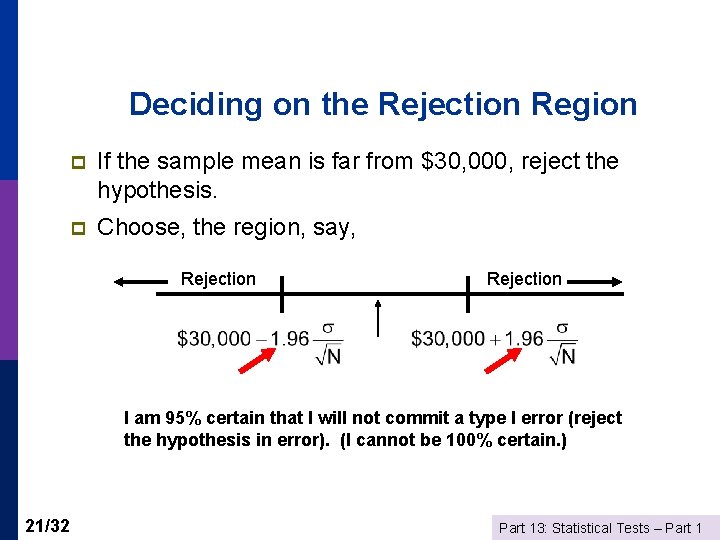 Deciding on the Rejection Region p If the sample mean is far from $30,