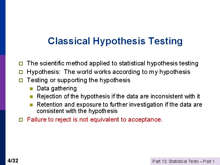 Classical Hypothesis Testing p p 4/32 The scientific method applied to statistical hypothesis testing