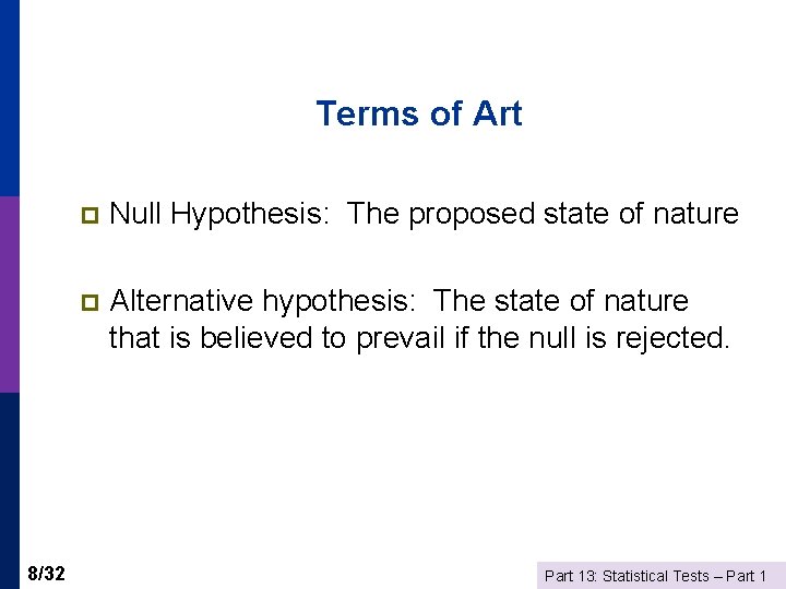 Terms of Art 8/32 p Null Hypothesis: The proposed state of nature p Alternative