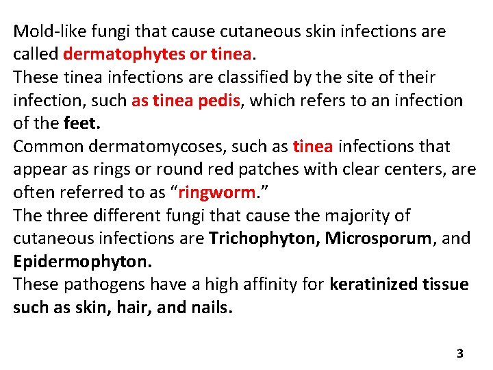 Mold-like fungi that cause cutaneous skin infections are called dermatophytes or tinea. These tinea